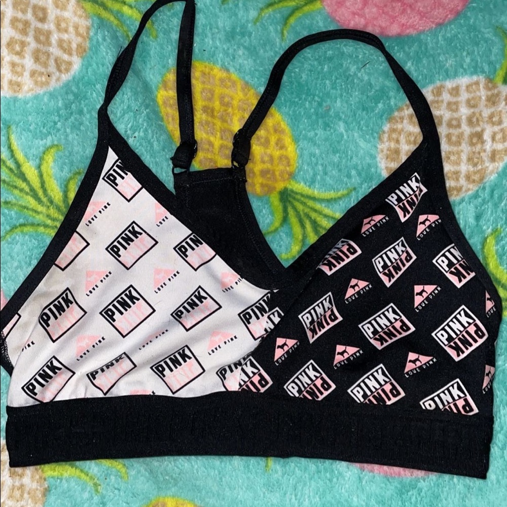 black white and pink sports bra PINK brand